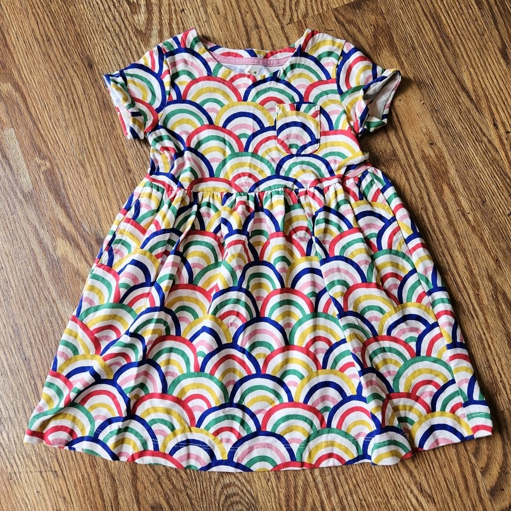 Mini Boden Allover Rainbow Print Dress Sz 4-5 Preppy School Play Colorful Pride